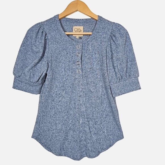 Chaser Ribbed Heather Blue Short Sleeve Henley Knit Top Puff Sleeves NWT Size S - Picture 1 of 7